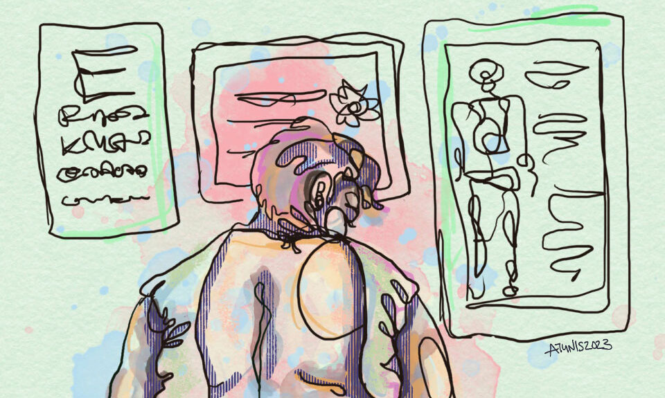 Line drawing of a fat person with their back exposed by a too-small hospital gown.
