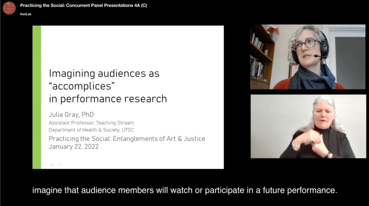 Screenshot of the presentation "Imagining Audiences as 'Accomplices' in Performance Research by Julia Gray.